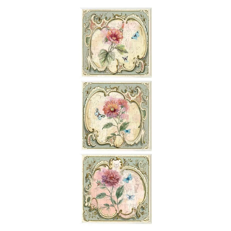 3-Piece Antique Floral Art Wooden Wall Plaques, 8"