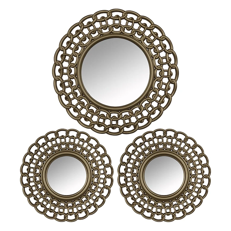 3-Piece Gold Chain Framed Round Wall Mirror Set, 15"