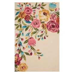 (A467) Summerton Pink Floral Hooked Area Rug, 5x7