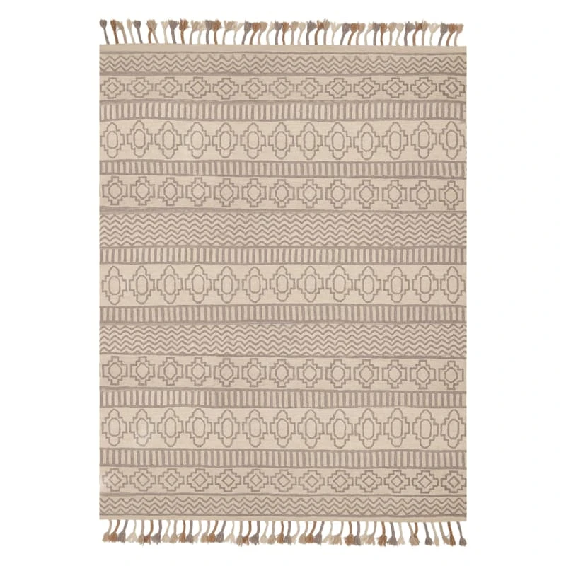 (A469) Found & Fable Arthur Ivory & Grey Area Rug With Tassels, 8x10