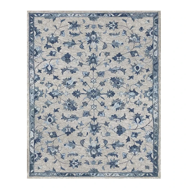 (A502) Providence Tacoma Blue Floral Hooked Area Rug, 8x10
