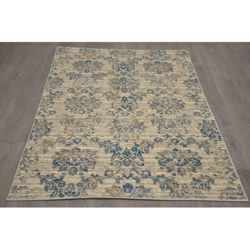 (B304) Ivory & Blue Floral Design Accent Rug, 3x5