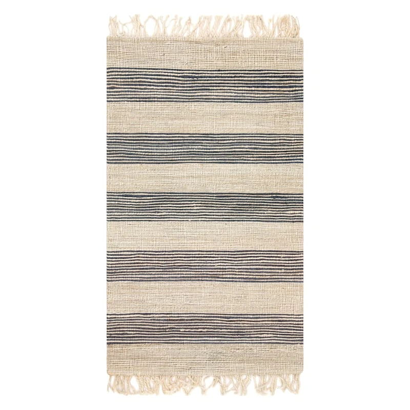 (B497) Honeybloom Hazel Natural & Navy Striped Hand Woven Jute Accent Rug, 3x5