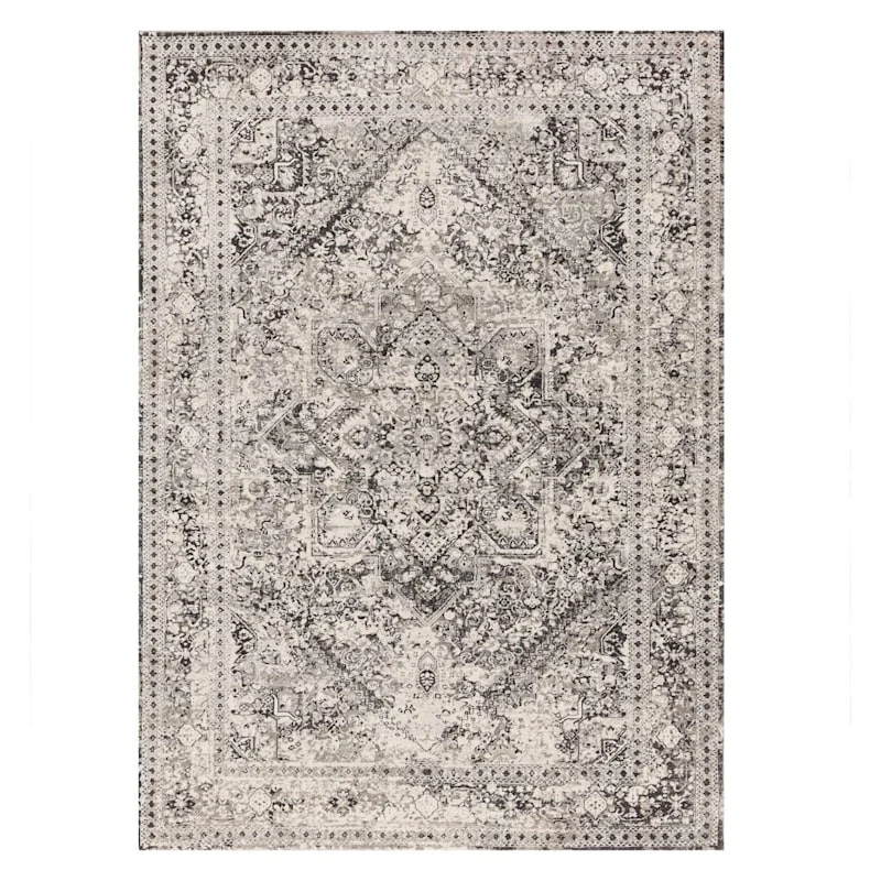 (B548) Providence Villa Dark Grey & Cream Distressed Look Area Rug, 8x10