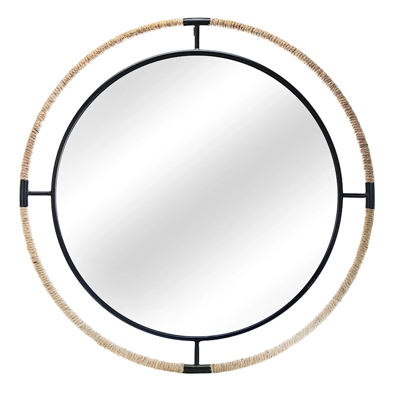 Black Metal With Rope Round Wall Mirror, 36"