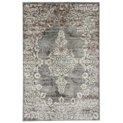 (D393) Grey & White Antique Medallion Area Rug, 5x7