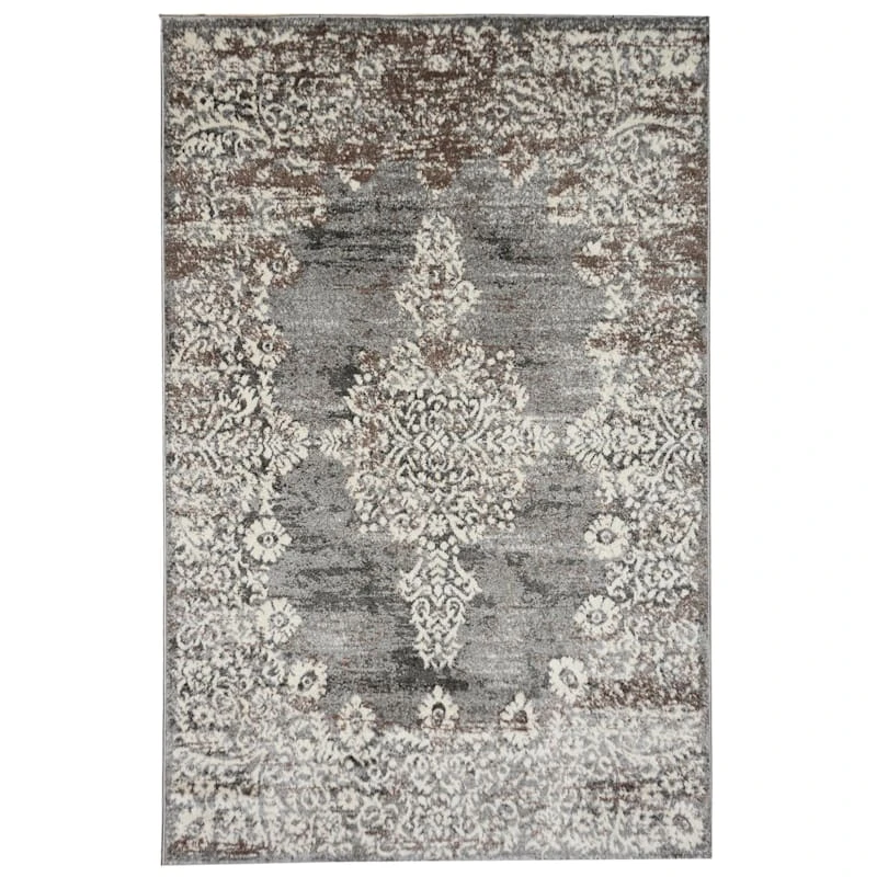(D393) Grey & White Antique Medallion Area Rug, 5x7