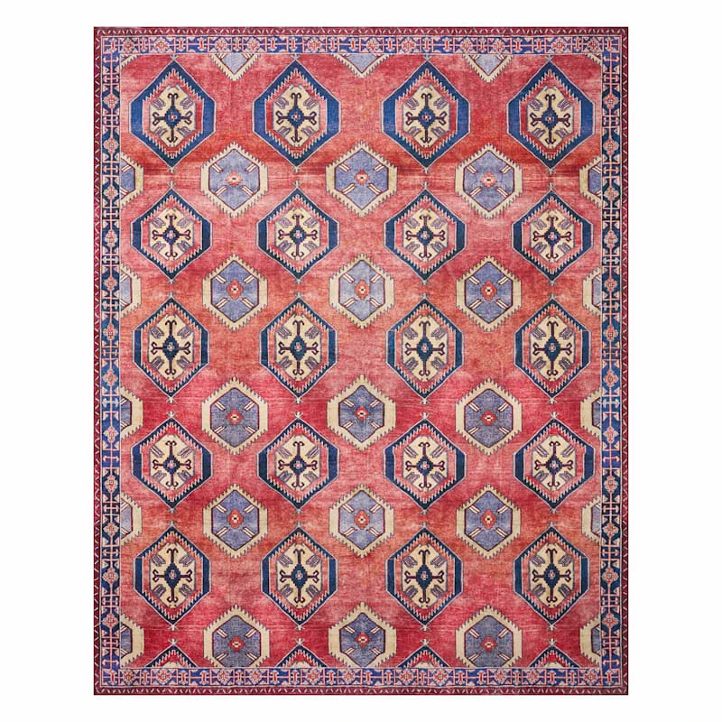 (D565) Freya Red & Blue Medallion Washable Area Rug, 8x10