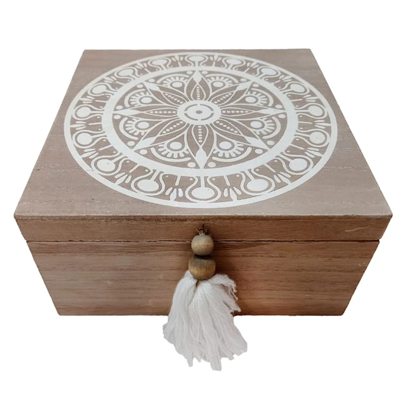 Decorative Wooden Box With Tassels, 7x8
