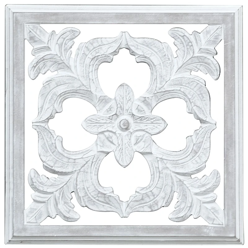 Distressed Rossi White Carved Wood Panel Decor, 16"