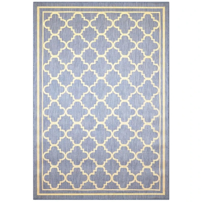 (E229) Blue & Beige Quatrefoil Modern Indoor & Outdoor Area Rug, 7x10