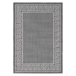 (E303) Dark Blue & Cream Greek Key Indoor & Outdoor Area Rug, 5x7