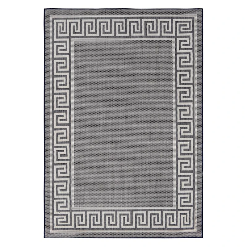 (E303) Dark Blue & Cream Greek Key Indoor & Outdoor Area Rug, 5x7