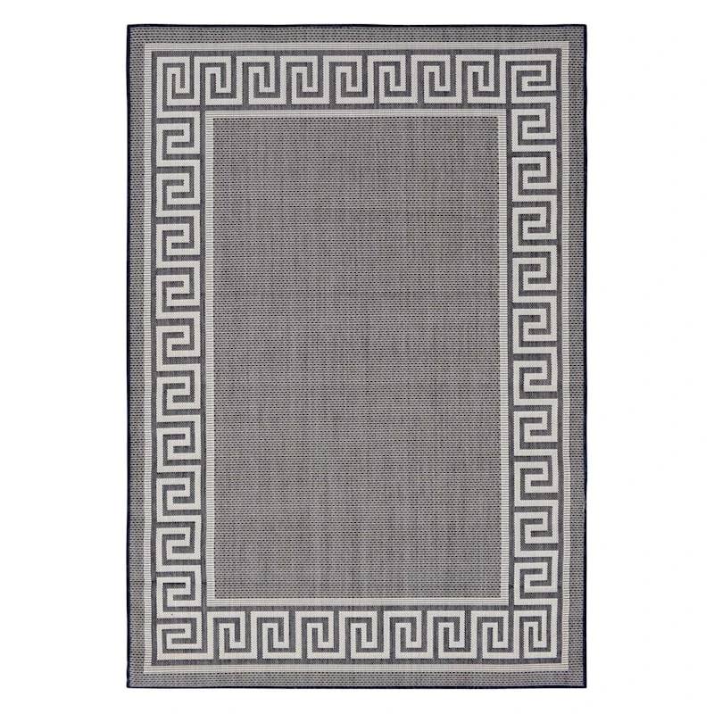 (E303) Dark Blue & Cream Greek Key Indoor & Outdoor Area Rug, 8x10
