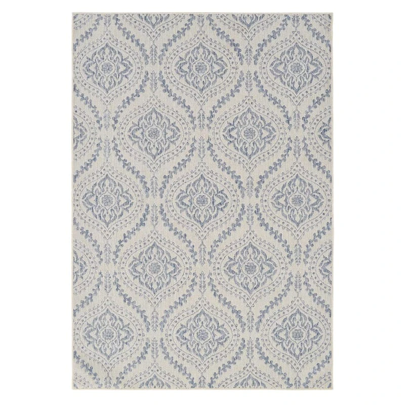 (E304) Blue & Ivory Quatrefoil Sisal Indoor & Outdoor Area Rug, 8x10