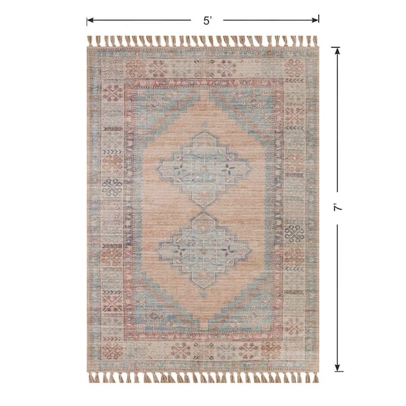 (E336) Honeybloom Anna Vintage Medallion Fringe Outdoor Area Rug, 5x7 - Image 5