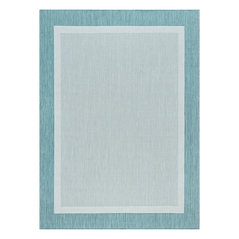 (E486) Sierra Aqua Border Outdoor Area Rug, 5x7