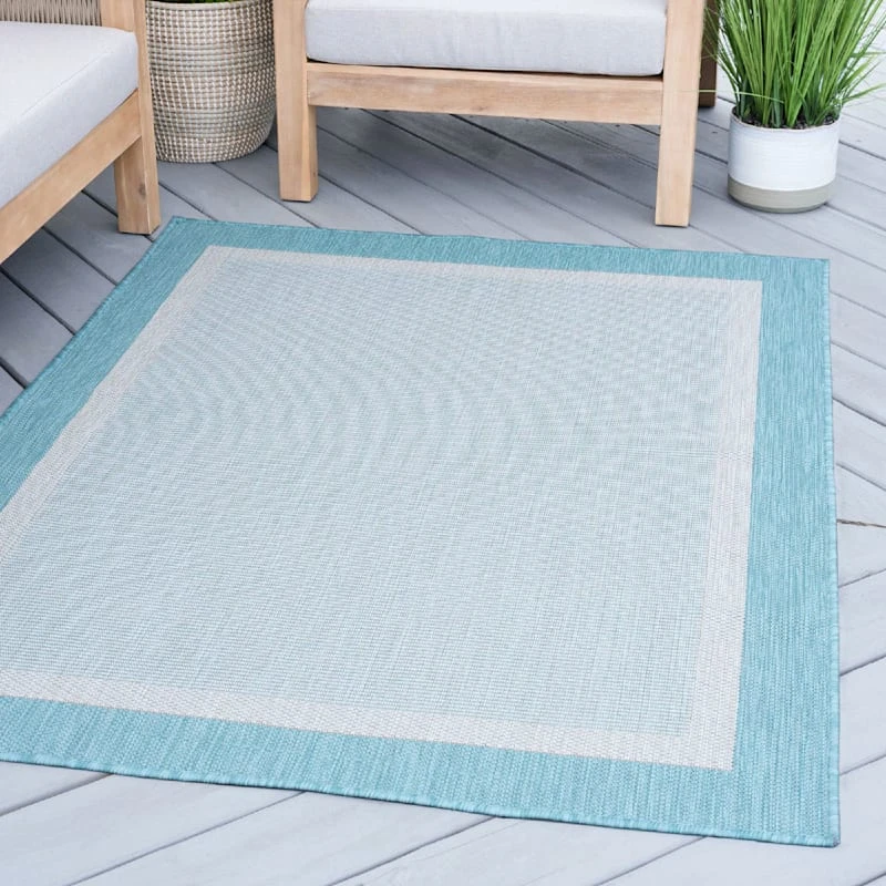 (E486) Sierra Aqua Border Outdoor Area Rug, 5x7 - Image 8