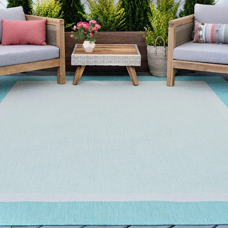(E486) Sierra Aqua Border Outdoor Area Rug, 5x7 - Image 9