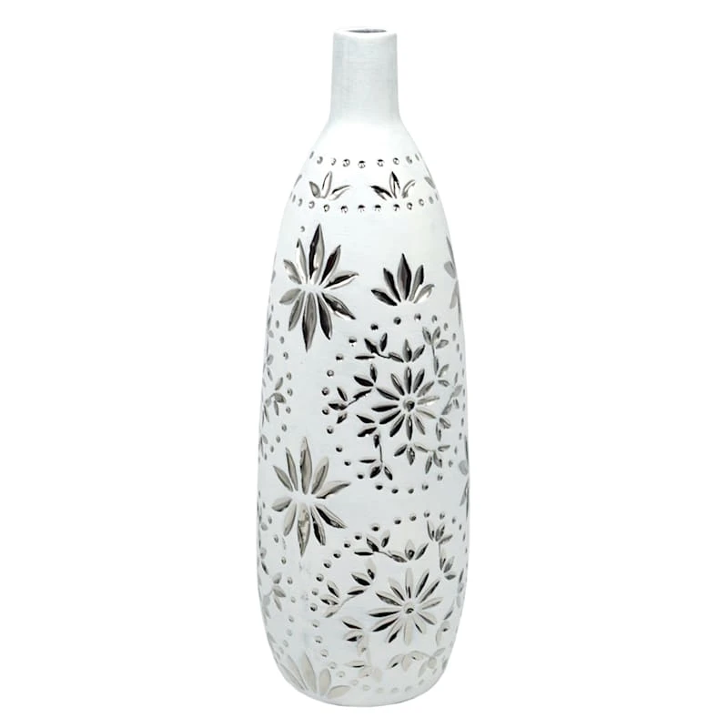 Found & Fable Silver & White Etched Floral Ceramic Vase, 17"