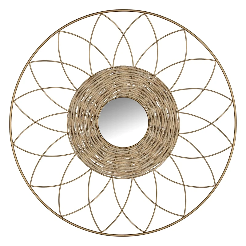Framed Flower Weaved Round Wall Mirror, 24"