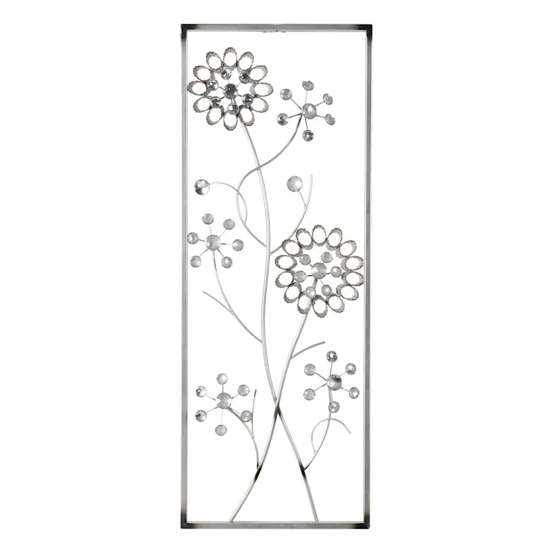 Framed Metal Sliver Flowers Wall Decor, 12x32
