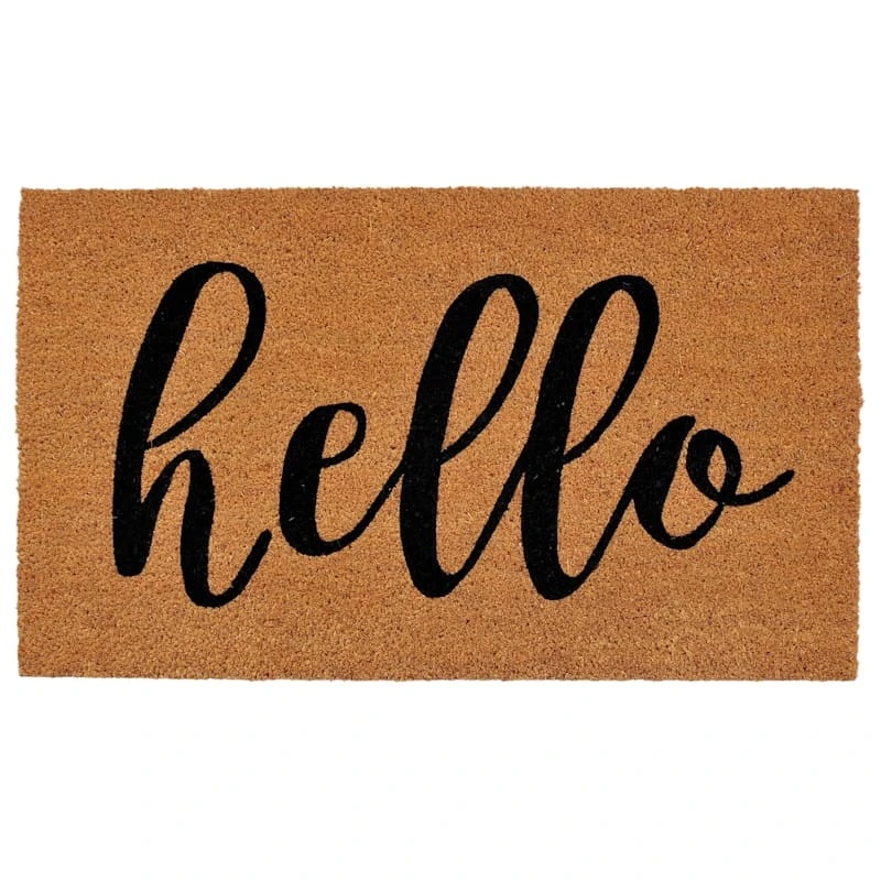 Hello Script Black Natural Coir Mat, 18x30