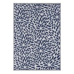 Navy Blue Floral Plastic Outdoor Area Rug, 6x9