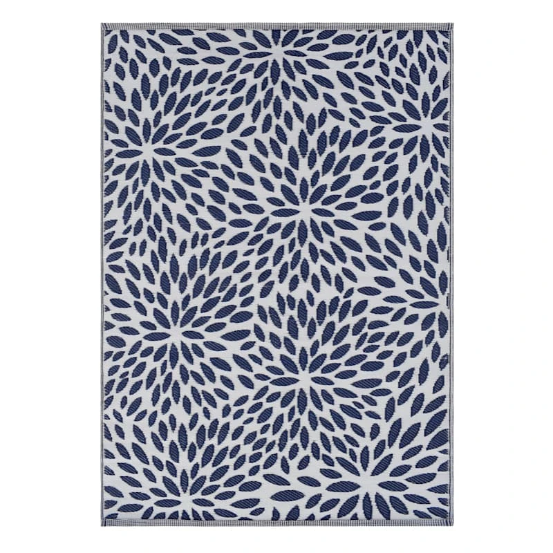 Navy Blue Floral Plastic Outdoor Area Rug, 6x9