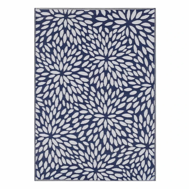 Navy Blue Floral Plastic Outdoor Area Rug, 6x9 - Image 2