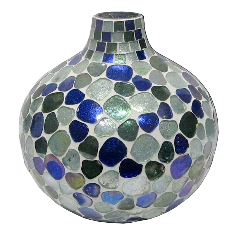 Ty Pennington Blue Pebble Mosaic Glass Round Vase, 8"