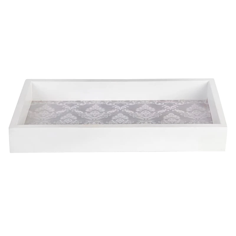 White Damask Faux Wood Tray, 12X6